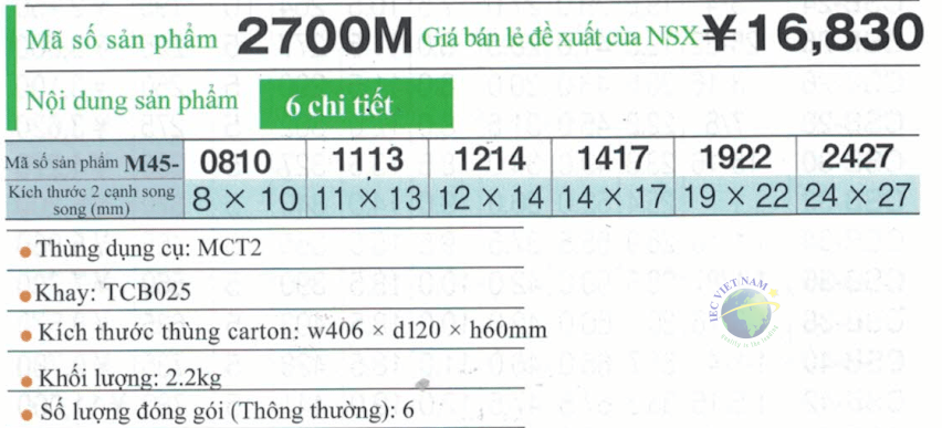 Thông số kỹ thuật bộ chòng dài 45 độ TONE 2700M gồm 6 chi tiết