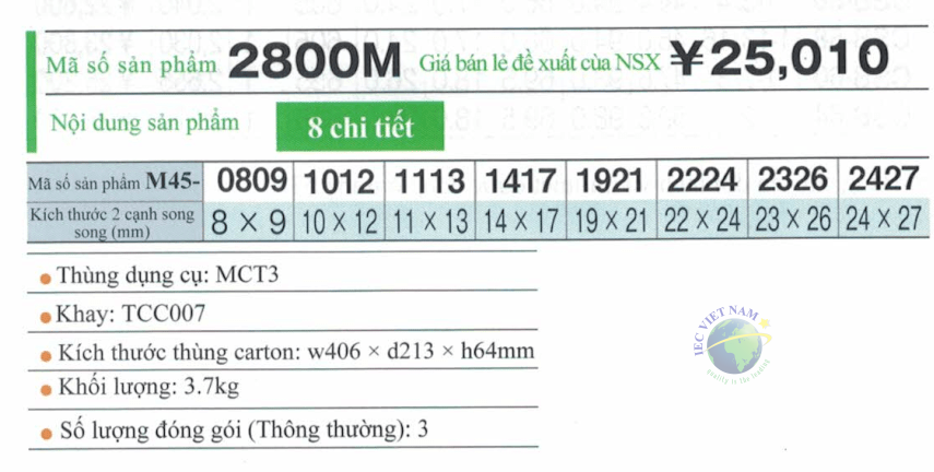 Thông số kỹ thuật bộ chòng dài 45 độ TONE 2800M gồm 8 chi tiết