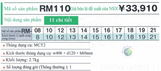 Thông số kỹ thuật bộ cờ lê cơ cấu Rachet TONE RM110 gồm 11 chi tiết