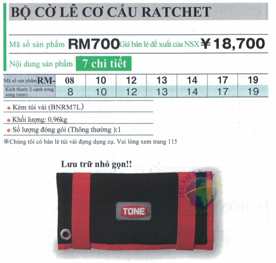 Thông số kỹ thuật bộ cờ lê cơ cấu Rachet TONE RM700 gồm 7 chi tiết