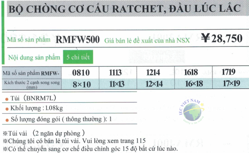 Thông số kỹ thuật bộ chòng cơ cấu Ratchet, đầu lúc lắc TONE RMFW500 